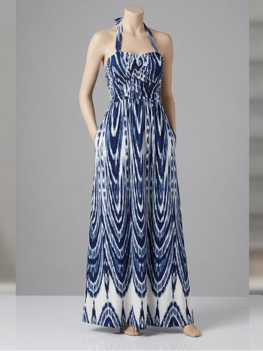 Soma Halter Maxi Dress L EUC Navy White Abstract Bohemian Batik Ikat Waves